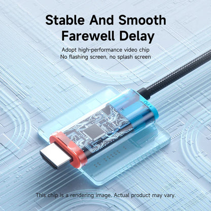 HDMI cable with a high-performance video chip on a blue geometric background