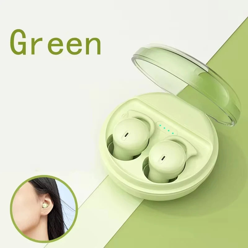 Green wireless earbuds in a transparent case with 'Green' text above.