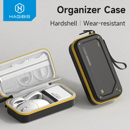 Hagibis organizer case with earbuds and a phone, on a light gray background