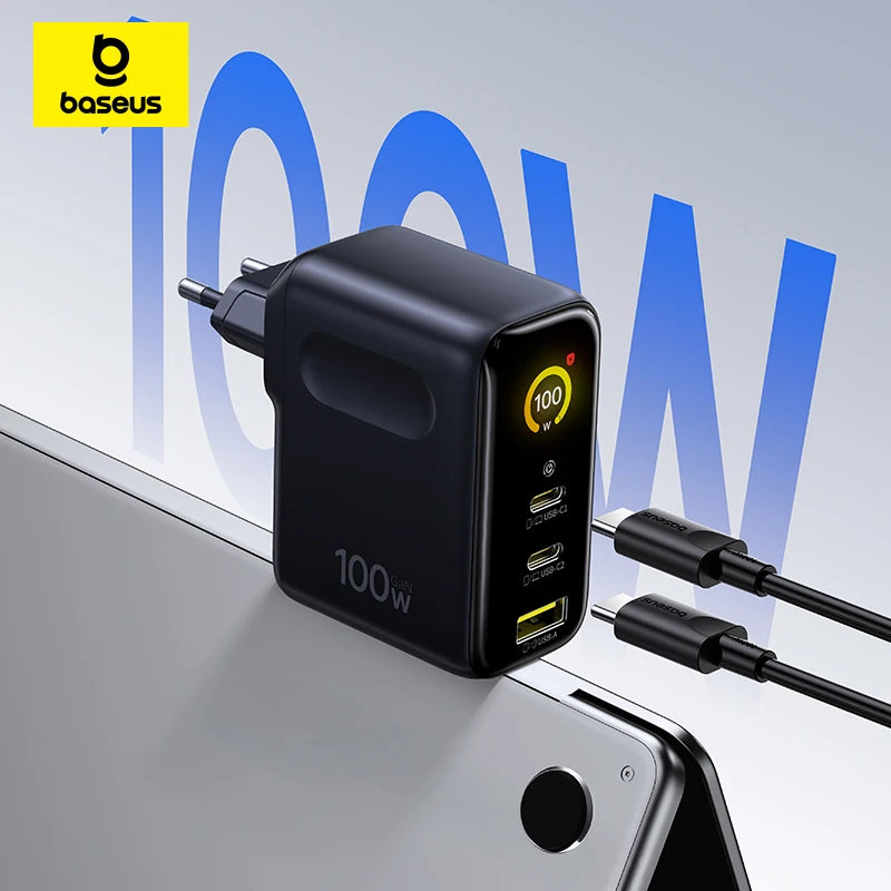 Baseus power adapter with multiple ports on a reflective surface, featuring the Baseus logo.