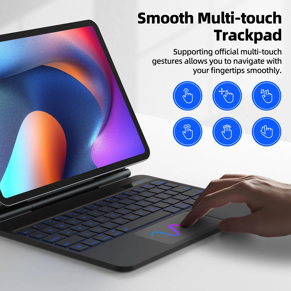 Laptop with multi-touch trackpad and colorful display, hand interacting with the trackpad.
