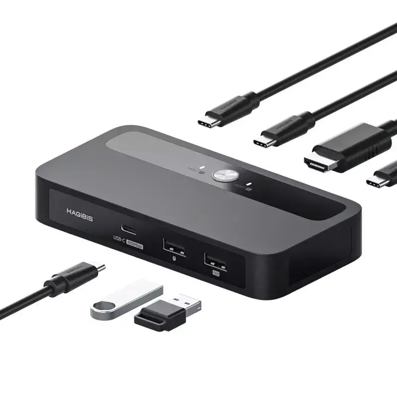 Black USB hub with multiple ports and cables on a white background