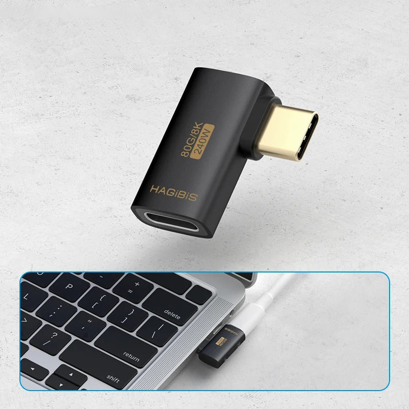 Hagibis HDMI adapter on a light gray background with a laptop inset showing connection.