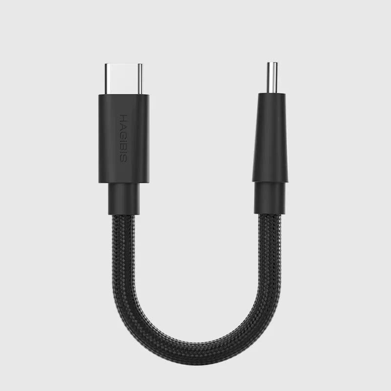 Black USB cable with braided design on a light gray background