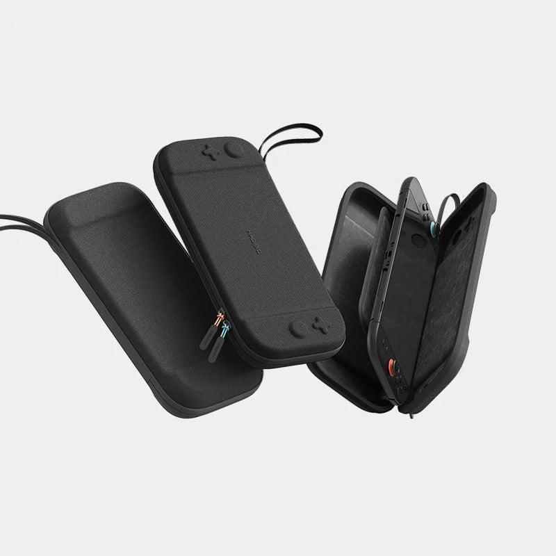 Black carrying cases for electronic devices on a light gray background
